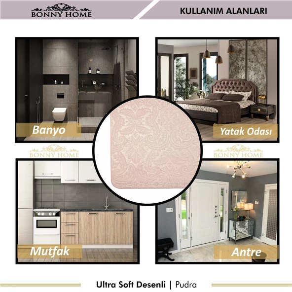 Bonny Home Ultrasoft Desenli 3lü Pudra Klozet Takımı Banyo Halısı Paspası Seti - 5