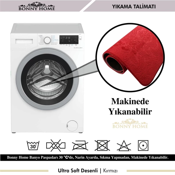 Bonny Home Ultrasoft Desenli 3lü Kırmızı Klozet Takımı Banyo Halısı Paspası Seti - 4