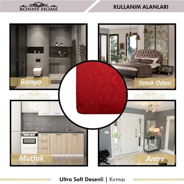 Bonny Home Ultrasoft Desenli 3lü Kırmızı Klozet Takımı Banyo Halısı Paspası Seti - 6