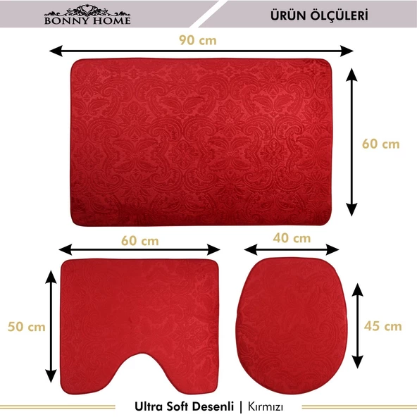 Bonny Home Ultrasoft Desenli 3lü Kırmızı Klozet Takımı Banyo Halısı Paspası Seti - 5