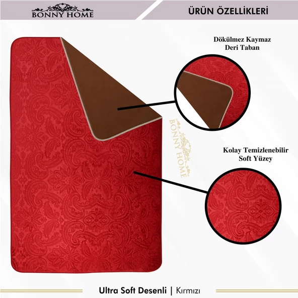 Bonny Home Ultrasoft Desenli 3lü Kırmızı Klozet Takımı Banyo Halısı Paspası Seti - 2