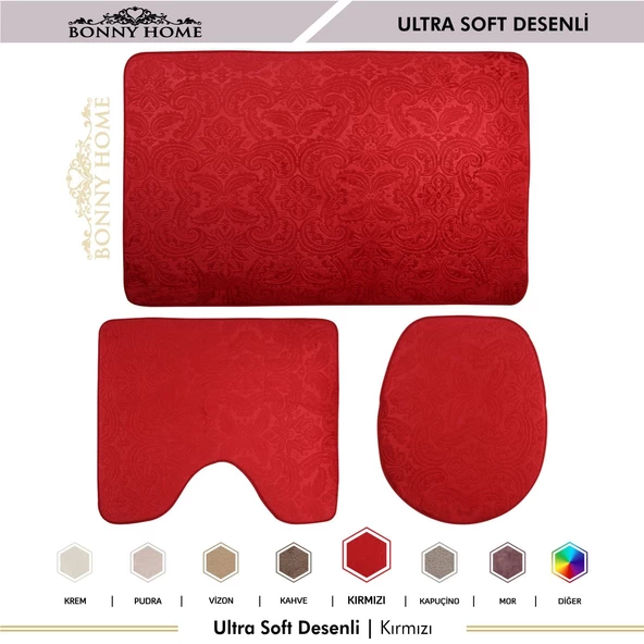 Bonny Home Ultrasoft Desenli 3lü Kırmızı Klozet Takımı Banyo Halısı Paspası Seti - 7