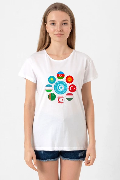 Türk Devletleri Teşkilat Beyaz Kadın Bisikletyaka Tshirt