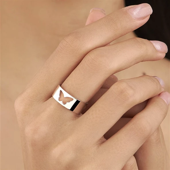 Rodyumlu Kelebek Motifli Gümüş Tek Alyans Yüzük - 2