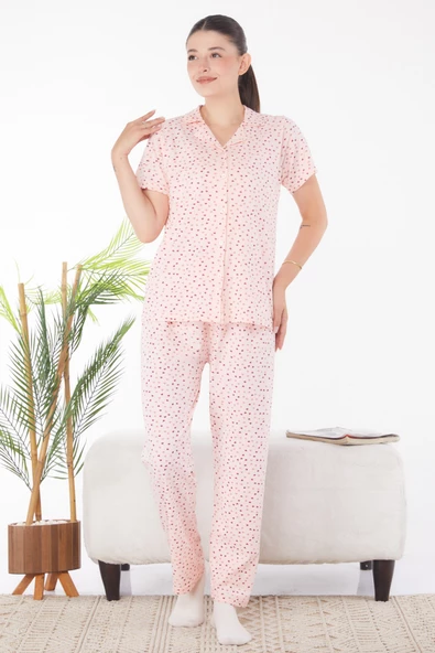 Düz Gömlek Yaka Kadın Pembe Kalp Desenli Pijama Takımı - 25904