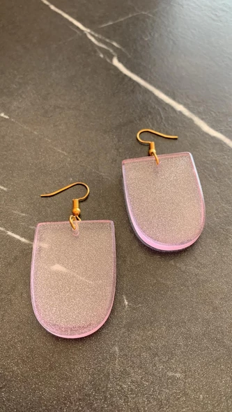 Transparan Lila Eflatun Renkli Gold Aksesuarlı Oval Çerçeve Şekil Epoksi Küpe El Yapımı Hediyelik - Resim 6