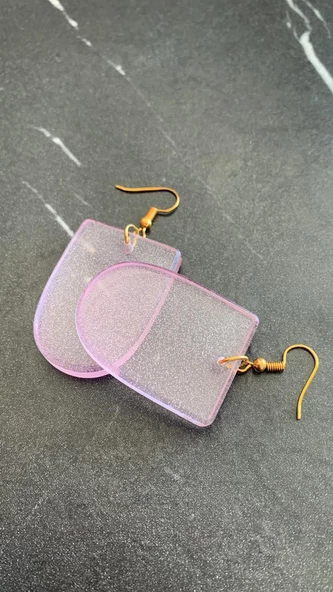 Transparan Lila Eflatun Renkli Gold Aksesuarlı Oval Çerçeve Şekil Epoksi Küpe El Yapımı Hediyelik - Resim 4