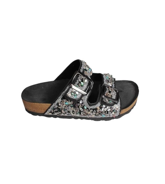 YAZKIŞ Kadın Siyah Ten Çift Tokalı Taşlı Düz Terlik - Resim 4