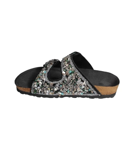 YAZKIŞ Kadın Siyah Ten Çift Tokalı Taşlı Düz Terlik - Resim 5