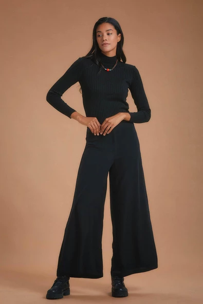 Palazzo Yüksek Bel Bol Kesim Siyah Pantolon - 3