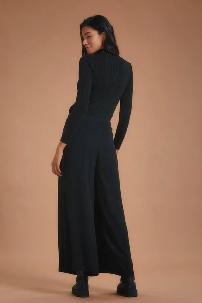 Palazzo Yüksek Bel Bol Kesim Siyah Pantolon - 4
