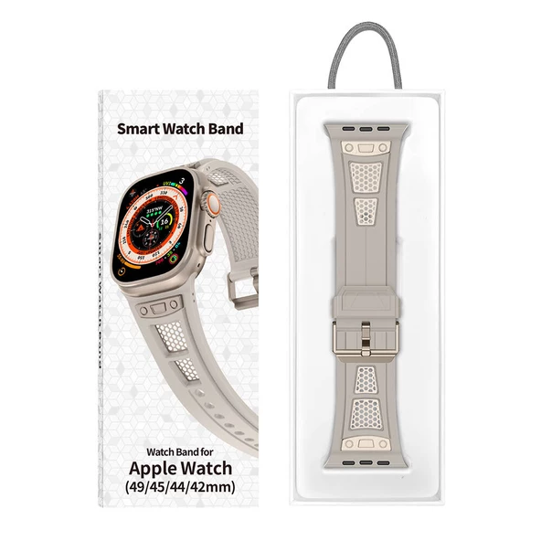 Apple Watch 42mm Zore KRD-117 Hava Alabilen Delikli Metal Süslemeli Desenli Silikon Kordon