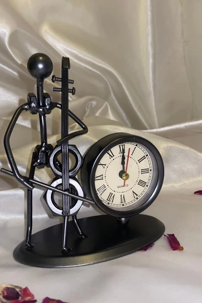 Müzisyen Metal Saat El Yapımı Büro Masa Saat Biblo Viyolonsel Somun - Resim 4
