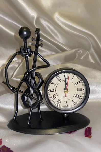 Müzisyen Metal Saat El Yapımı Büro Masa Saat Biblo Viyolonsel Somun - Resim 3