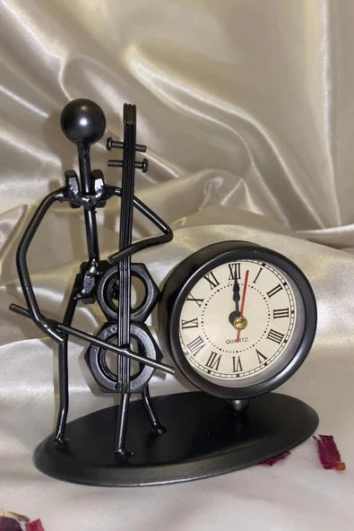 Müzisyen Metal Saat El Yapımı Büro Masa Saat Biblo Viyolonsel Somun - Resim 5