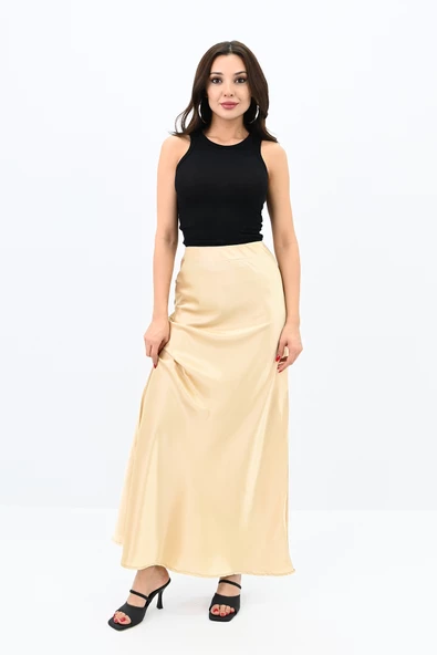 Kadın Midi Boy Yüksek Bel Dökümlü Saten Etek 6275-24 - 8