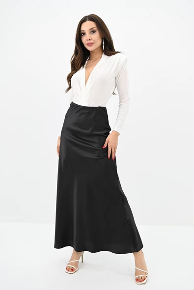 Kadın Midi Boy Yüksek Bel Dökümlü Saten Etek 6275-24 - 2