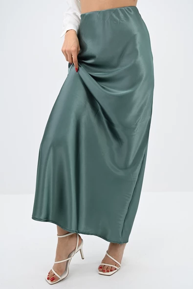 Kadın Midi Boy Yüksek Bel Dökümlü Saten Etek 6275-24 - 6
