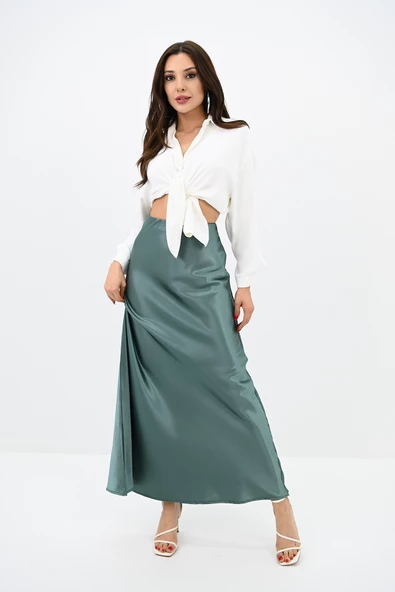 Kadın Midi Boy Yüksek Bel Dökümlü Saten Etek 6275-24 - 5