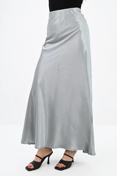 Kadın Midi Boy Yüksek Bel Dökümlü Saten Etek 6275-24 - 12