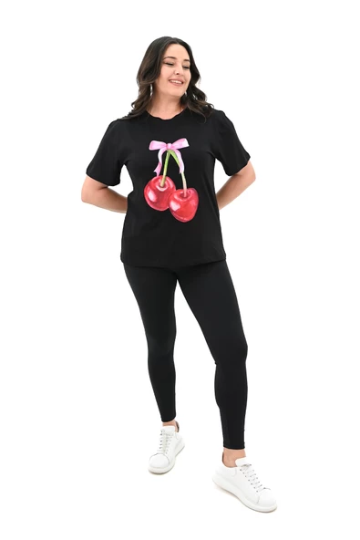 Kadın Büyük Beden Kiraz Baskılı T-shirt 1785-24 - 4