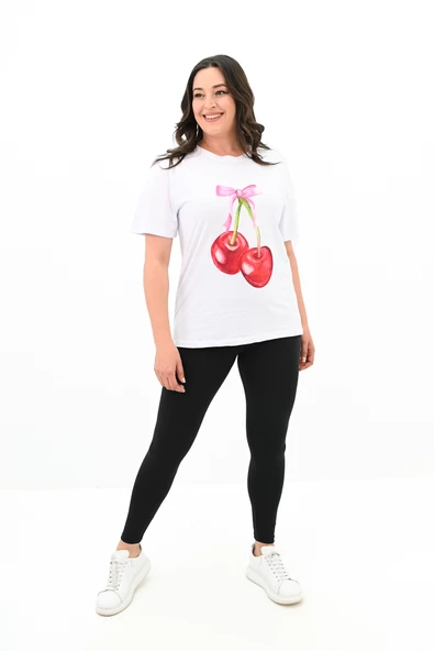 Kadın Büyük Beden Kiraz Baskılı T-shirt 1785-24 - 9