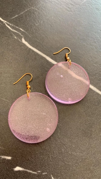 Transparan Lila Eflatun Renkli Gold Aksesuarlı Yuvarlak Şekil Epoksi Küpe El Yapımı Hediyelik - Resim 8