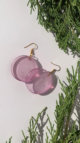 Transparan Lila Eflatun Renkli Gold Aksesuarlı Yuvarlak Şekil Epoksi Küpe El Yapımı Hediyelik - Resim 7
