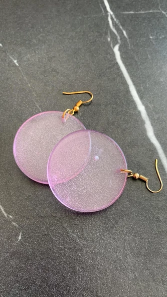 Transparan Lila Eflatun Renkli Gold Aksesuarlı Yuvarlak Şekil Epoksi Küpe El Yapımı Hediyelik - Resim 6