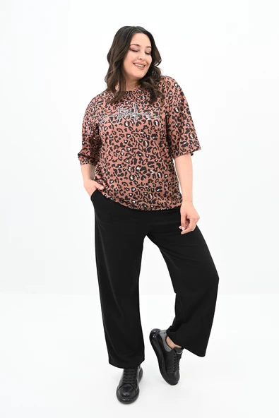 Kadın Büyük Beden Leopar Desenli T-shirt Takım 8113-24 - 3