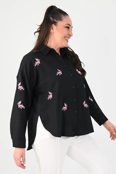 Kadın Büyük Beden Nakış Detaylı Gömlek 1724-1-24 - 3