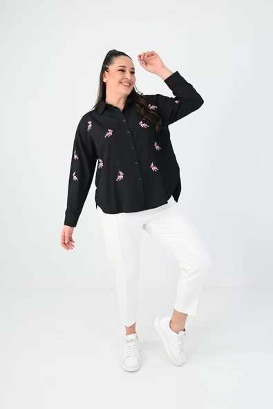 Kadın Büyük Beden Nakış Detaylı Gömlek 1724-1-24 - 2