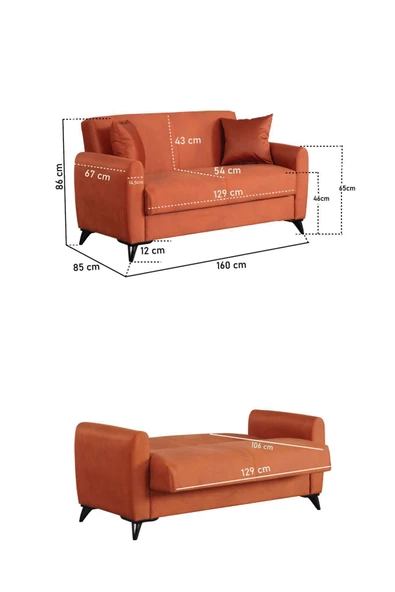 Kilim Mobilya Dove Iki Kişilik Yüksek Ayaklı Kanepe Turuncu - 8