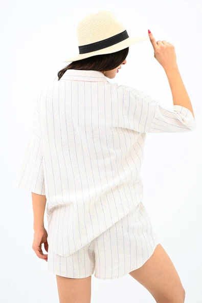 Kadın Keten Çizgili Şortlu Takım 0014 23132 - 7