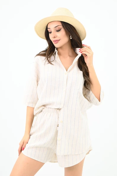 Kadın Keten Çizgili Şortlu Takım 0014 23132 - 2