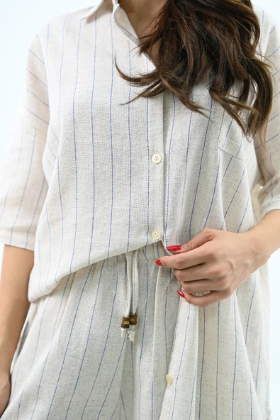 Kadın Keten Çizgili Şortlu Takım 0014 23132 - 3