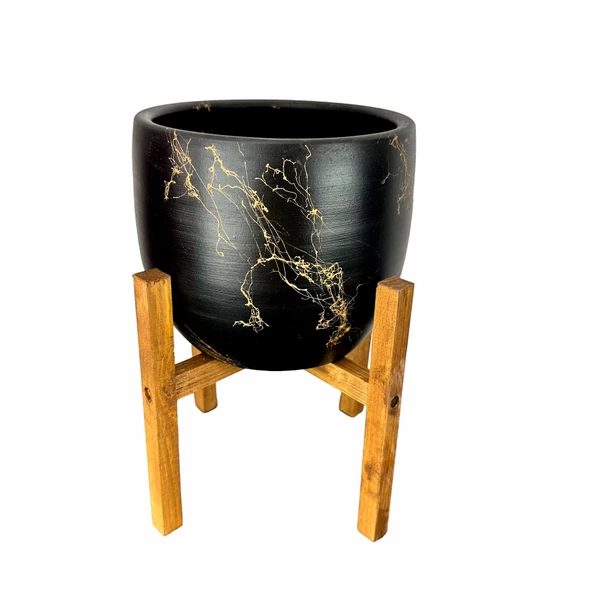 Bitki Tasarımı Siyah Üzeri Gold Mermer Efektli Toprak Saksı Saksılık Salon Çiçeklik 4 Ayaklı - 19 CM - 3