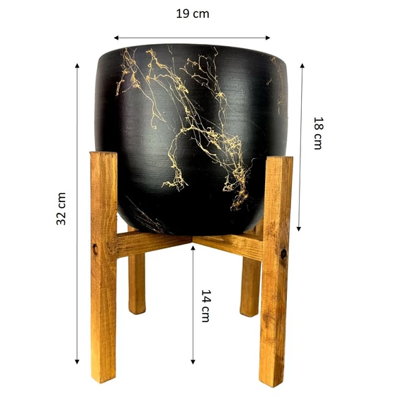 Bitki Tasarımı Siyah Üzeri Gold Mermer Efektli Toprak Saksı Saksılık Salon Çiçeklik 4 Ayaklı - 19 CM - 2