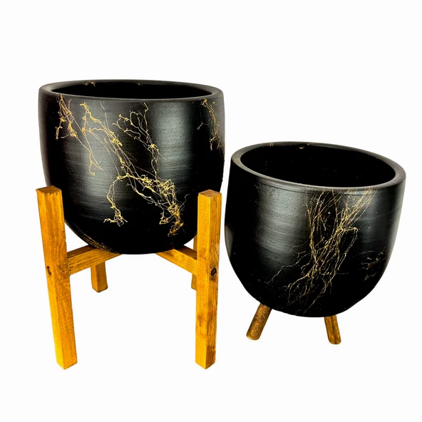 Bitki Tasarımı Siyah Üzeri Gold Mermer Efektli Toprak Saksı Saksılık Salon Çiçeklik İkili Set 3 Ayaklı- 4 Ayaklı- 19 CM - Resim 3