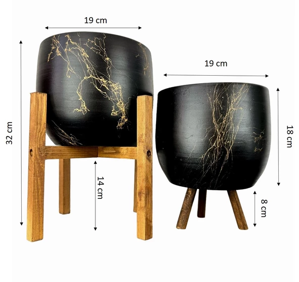 Bitki Tasarımı Siyah Üzeri Gold Mermer Efektli Toprak Saksı Saksılık Salon Çiçeklik İkili Set 3 Ayaklı- 4 Ayaklı- 19 CM - Resim 2