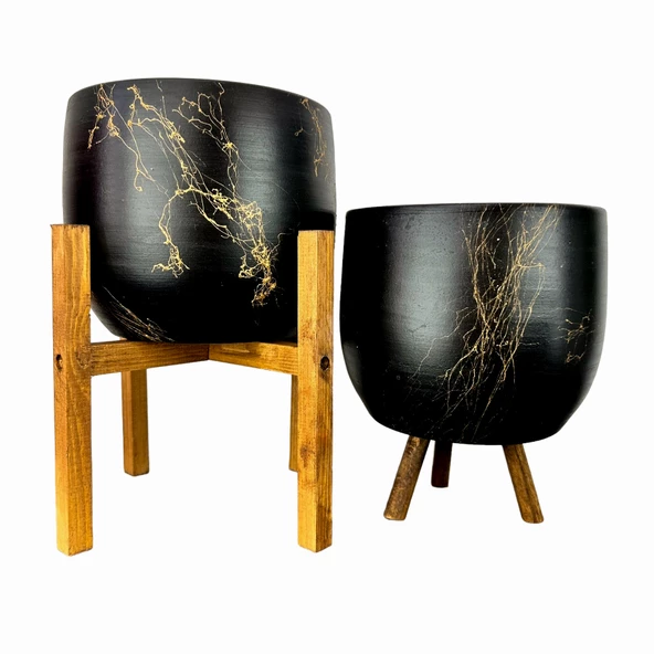 Bitki Tasarımı Siyah Üzeri Gold Mermer Efektli Toprak Saksı Saksılık Salon Çiçeklik İkili Set 3 Ayaklı- 4 Ayaklı- 19 CM