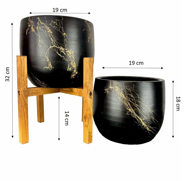 Bitki Tasarımı Siyah Üzeri Gold Mermer Efektli Toprak Saksı Saksılık Salon Çiçeklik İkili Set Ayaksız - 4 Ayaklı- 19 CM - Resim 2