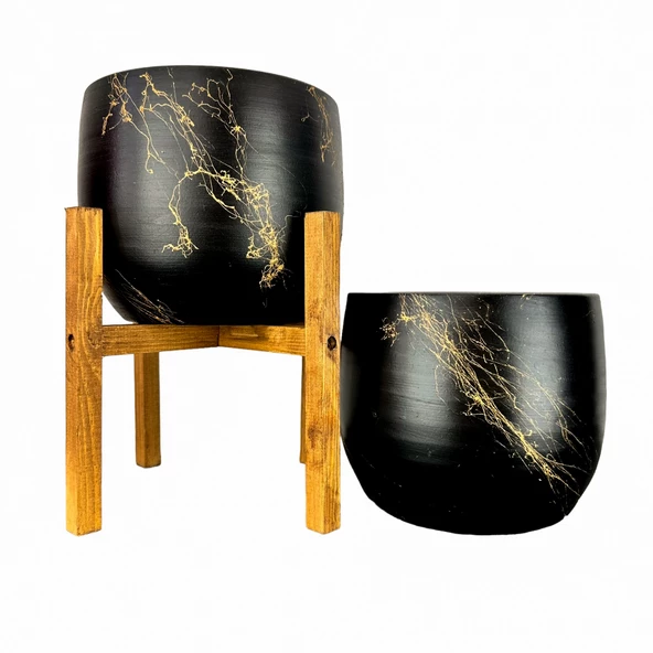 Bitki Tasarımı Siyah Üzeri Gold Mermer Efektli Toprak Saksı Saksılık Salon Çiçeklik İkili Set Ayaksız - 4 Ayaklı- 19 CM ürün görseli