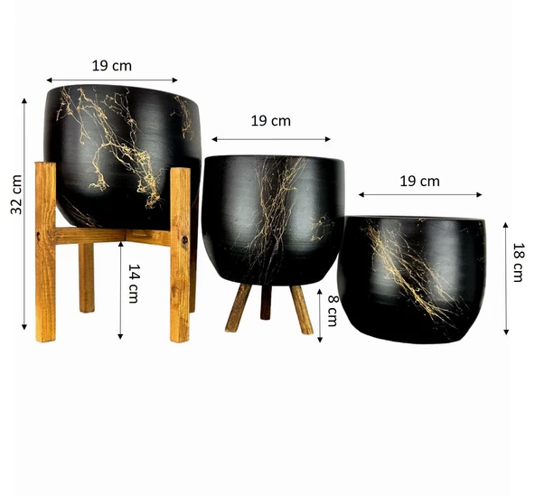 Bitki Tasarımı Ev Dekorasyon Aksesuar Siyah Üzeri Gold Mermer Efektli Toprak Saksı Saksılık Salon Çiçeklik Üçlü Set- 19 CM - 2