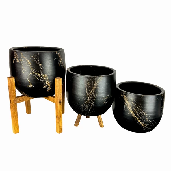 Bitki Tasarımı Ev Dekorasyon Aksesuar Siyah Üzeri Gold Mermer Efektli Toprak Saksı Saksılık Salon Çiçeklik Üçlü Set- 19 CM - 3