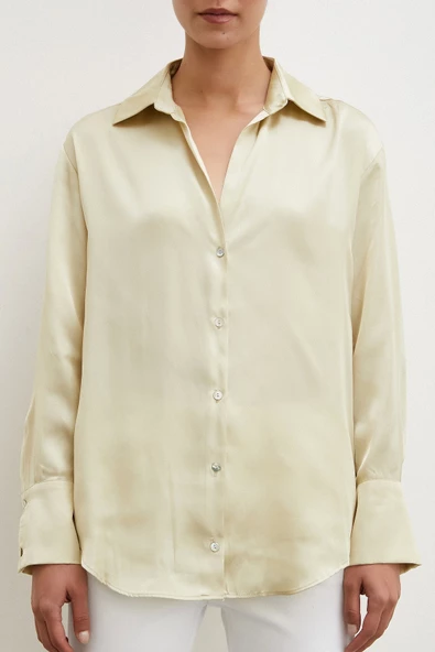 Basic Saten Gömlek Bej - Resim 2