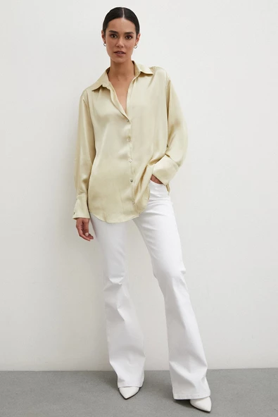 Basic Saten Gömlek Bej - Resim 5