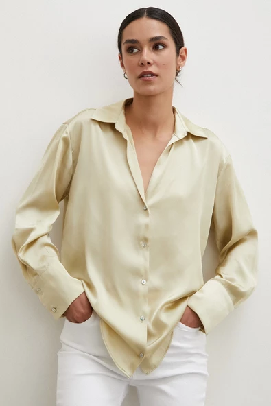 Basic Saten Gömlek Bej - Resim 6