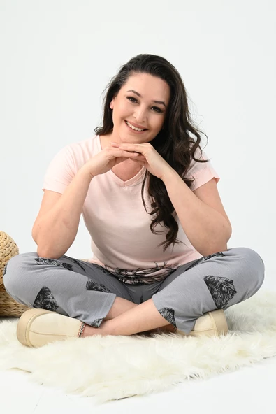 Kadın Kısa Kollu Baskılı Büyük Beden (Battal) Pijama Takımı 0003-25 32714 - 3