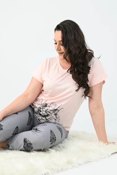 Kadın Kısa Kollu Baskılı Büyük Beden (Battal) Pijama Takımı 0003-25 32714 - 2